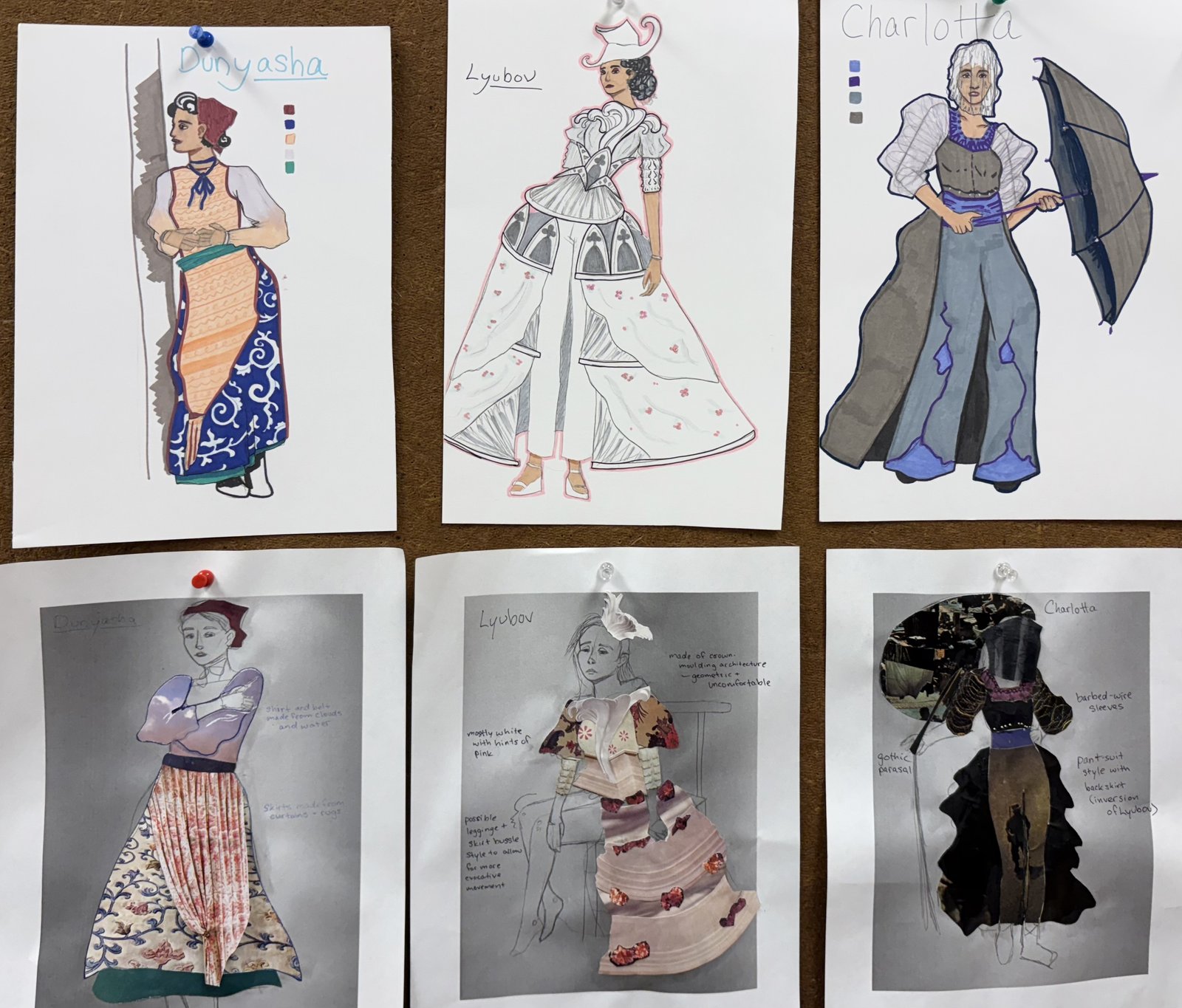 The Cherry Orchard costume plates designed by Ollie Gibson