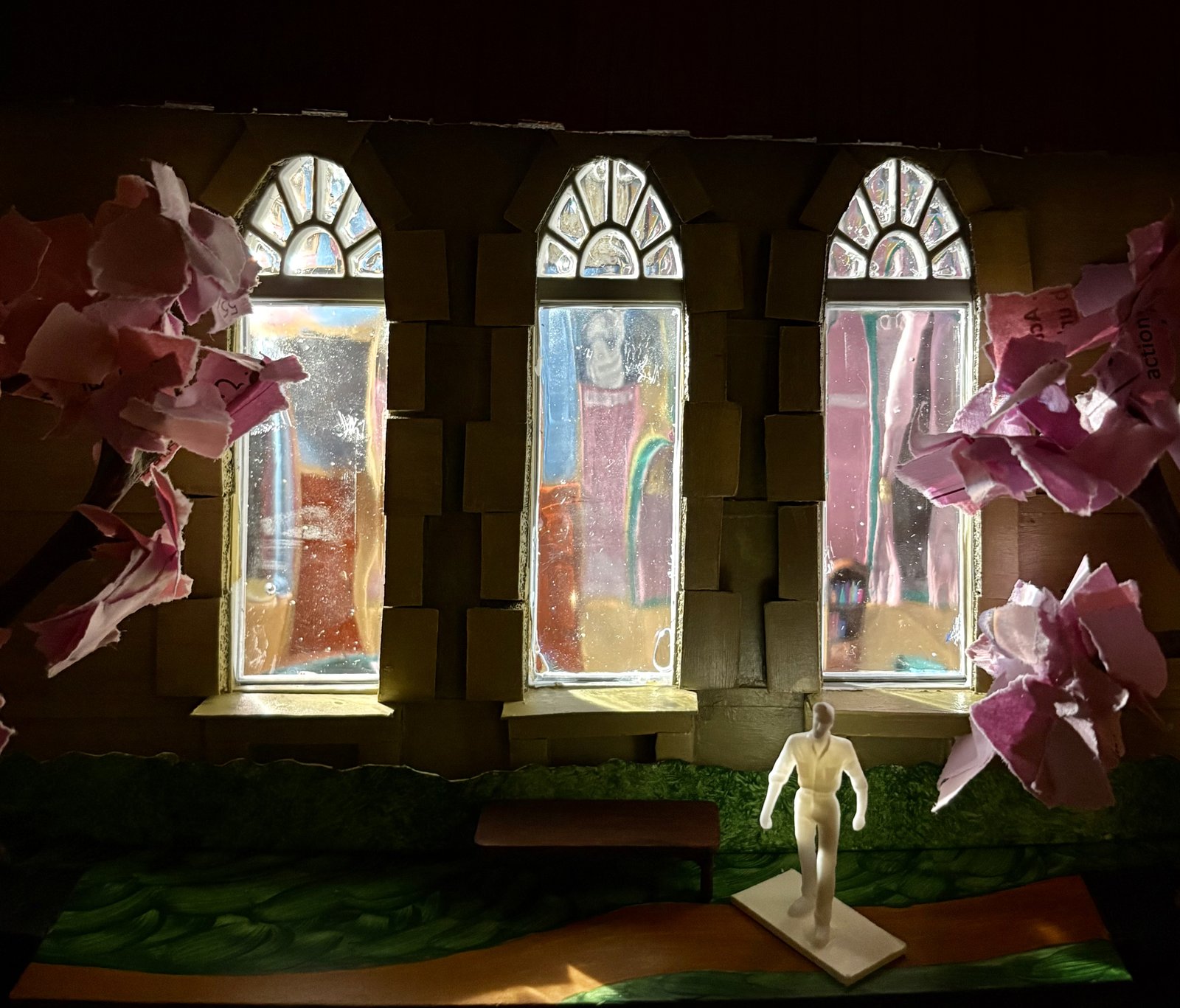 The Cherry Orchard set model, lit night interior, designed by Ollie Gibson