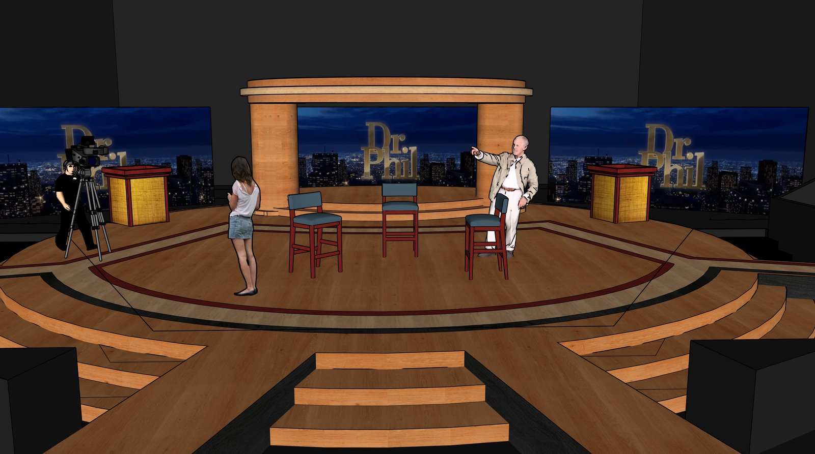Portrait of Dora set rendering with figures designed by Ollie Gibson